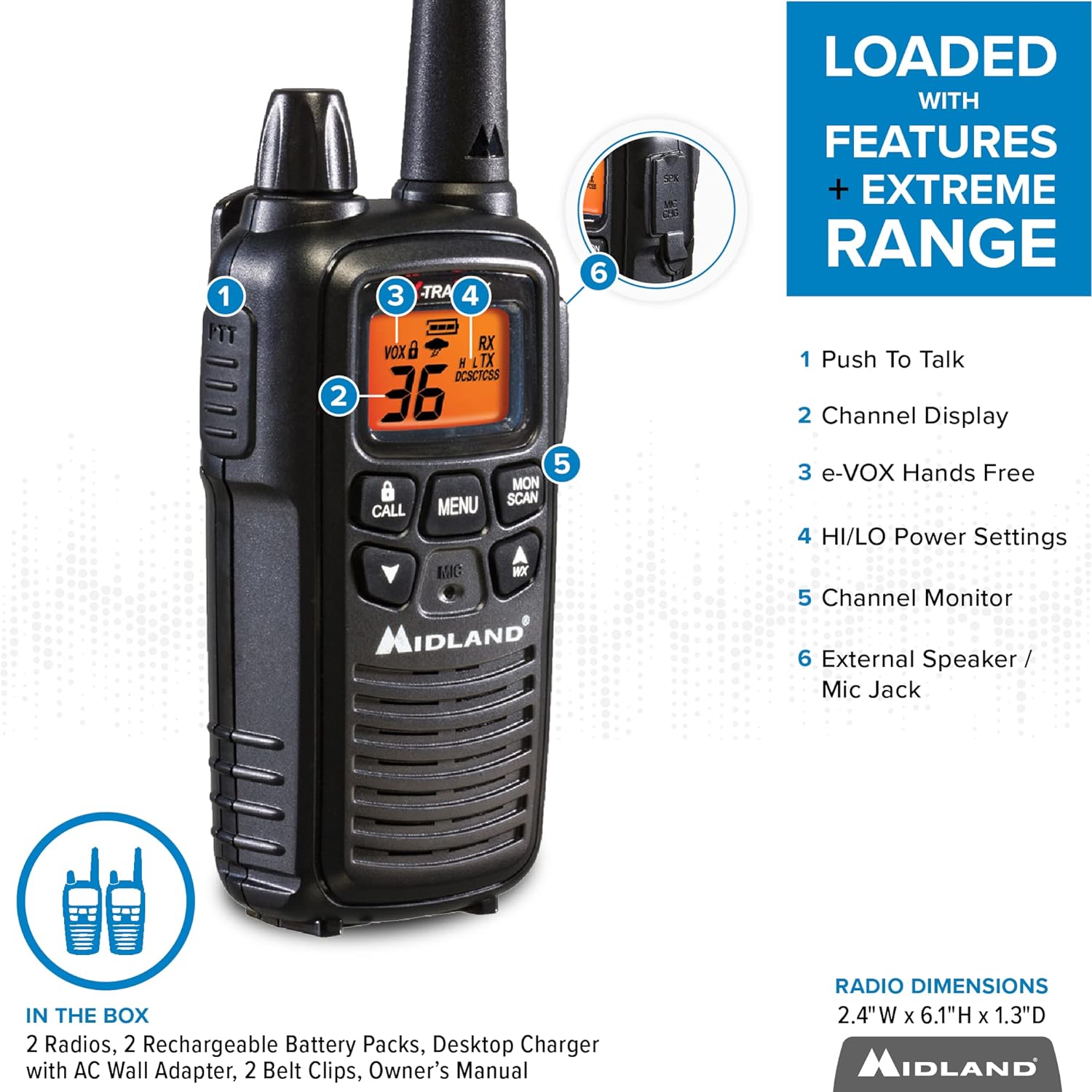 Midland - LXT600VP3 - Handheld Portable FRS Business Overlanding Gear Two Way Radio - Long Range Rechargeable Walkie Talkies for Adults - 121 Privacy Codes, Weather Radio - Black (2 Pack)