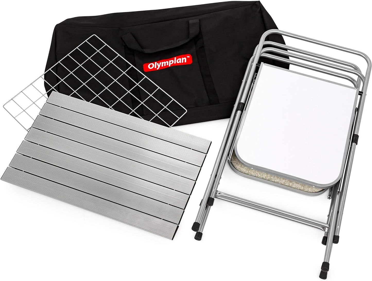 Camco Olympian Deluxe Portable Grill Table | Provides Plenty of Room for Grilling Gear | Ideal for Picnics, Camping, Boating, Tailgating, and Backyard BBQs | (57293) Silver
