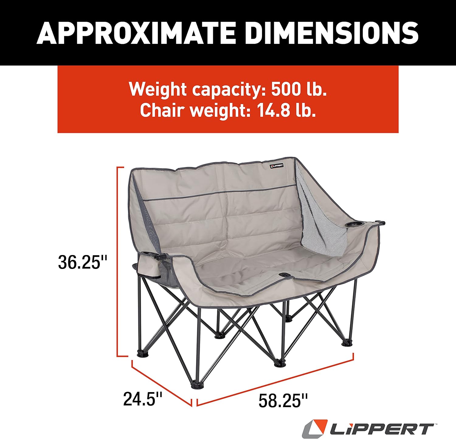Lippert Campfire Folding Loveseat with 500-lb. Weight Capacity, Carry Bag, Durable Mesh Fabrics, High-Loft Cushioning, Storage Pocket, Dual Cupholders, Stemmed Wine Glass Holder (Sand) - 2021000205