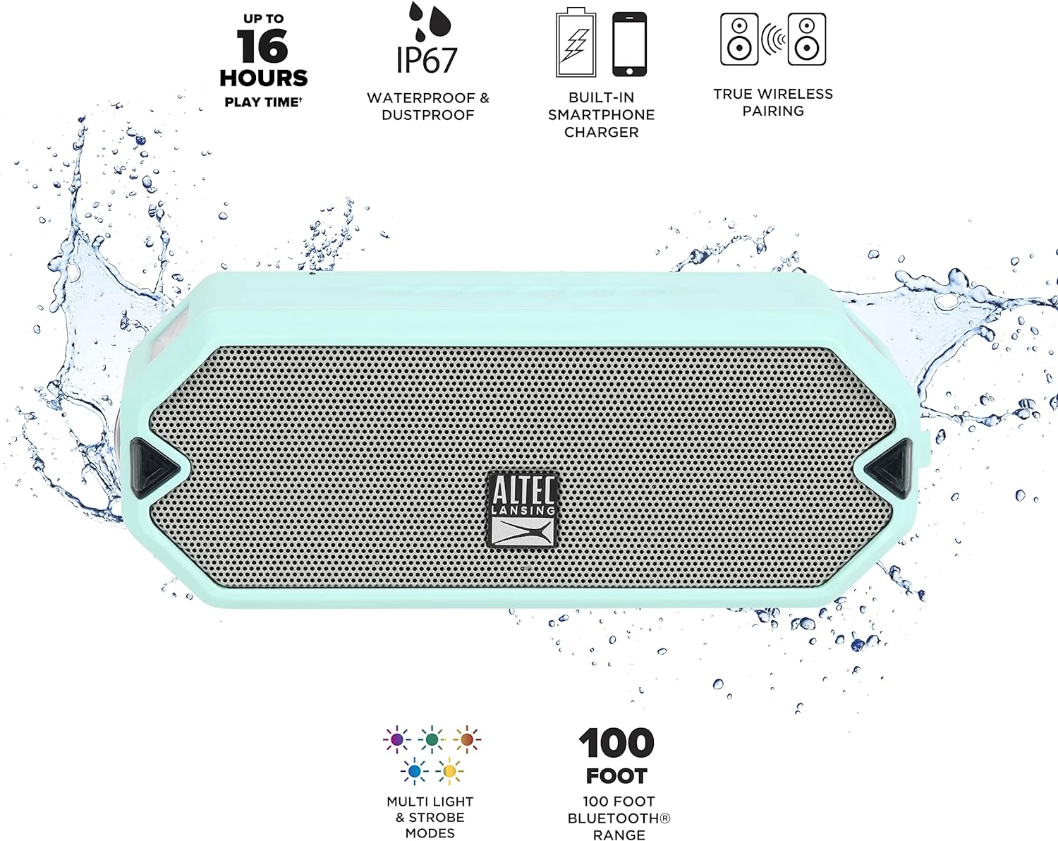 Altec Lansing HydraJolt Wireless Bluetooth Speaker, Waterproof Portable Speakers with Built in Phone Charger and Lights, Everything Proof Outdoor, Shockproof, Snowproof, 16 Hours Playtime