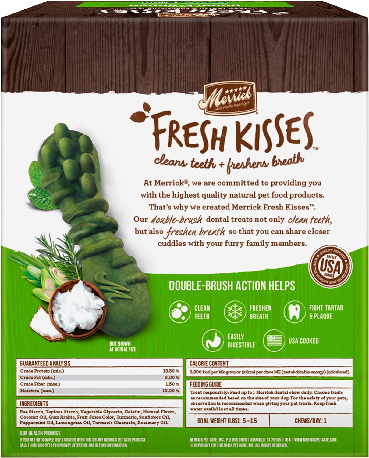 Merrick Fresh Kisses Double-Brush Dental Dog Treats, Infused with Coconut & Botanical Oils, Cleans & Freshens Breath for X-Small Dogs, 78 Dental Dog Treats\/Pack (Pack of 2)