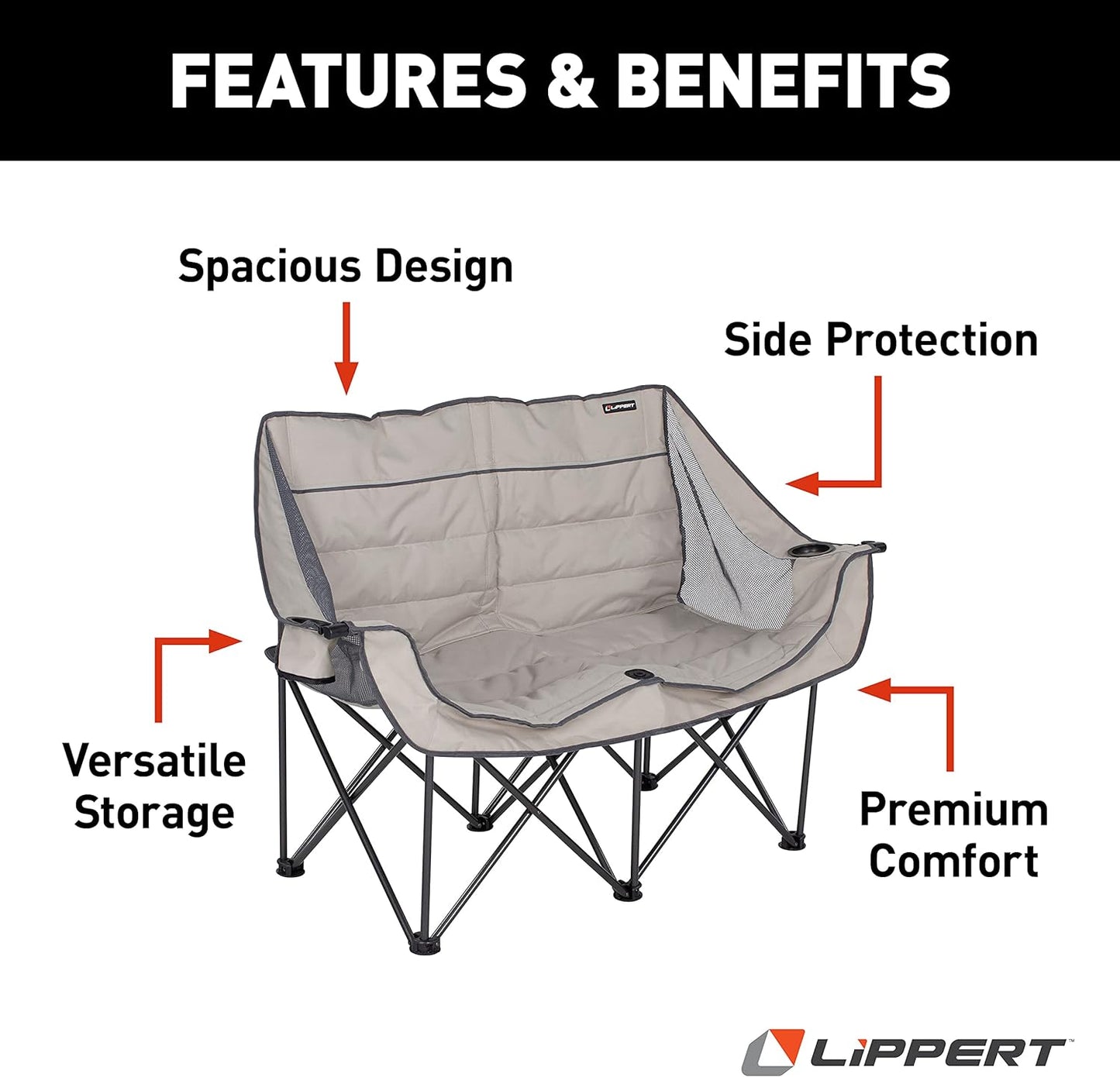 Lippert Campfire Folding Loveseat with 500-lb. Weight Capacity, Carry Bag, Durable Mesh Fabrics, High-Loft Cushioning, Storage Pocket, Dual Cupholders, Stemmed Wine Glass Holder (Sand) - 2021000205
