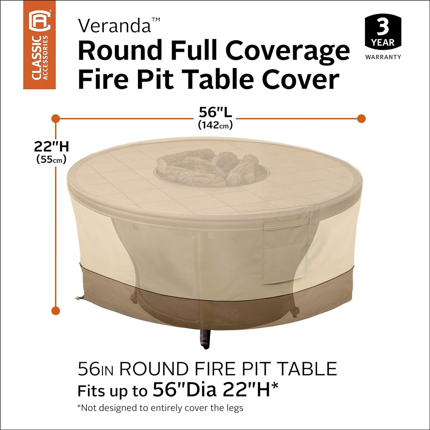 Classic Accessories Veranda Water-Resistant 56 Inch Round Fire Pit Table Cover, Outdoor Firepit Cover, Pebble\/Bark\/Earth