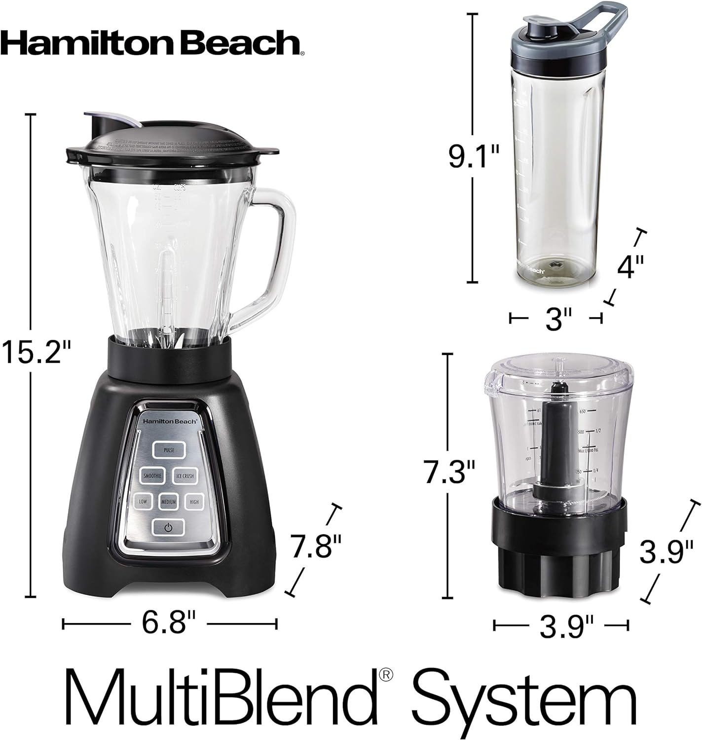 Hamilton Beach Blender and Food Processor Combo With Auto Programs For Smoothie and Ice Crush, Blend-In Portable Travel Cup, 52oz Glass Jar & 3 Cup Food Chopper, 950 Watts, Black (58242)