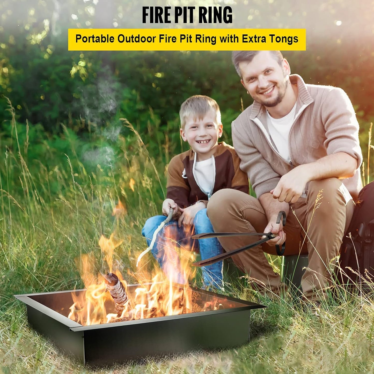 VEVOR Fire Pit Ring, 36-Inch Outer\/30-Inch Inner Diameter Fire Pit Insert,1.5 mm Thickness Fire Ring, DIY Steel Ring with Tongs In-Ground Fire Pit Liner for Outdoor, Patio, Backyard