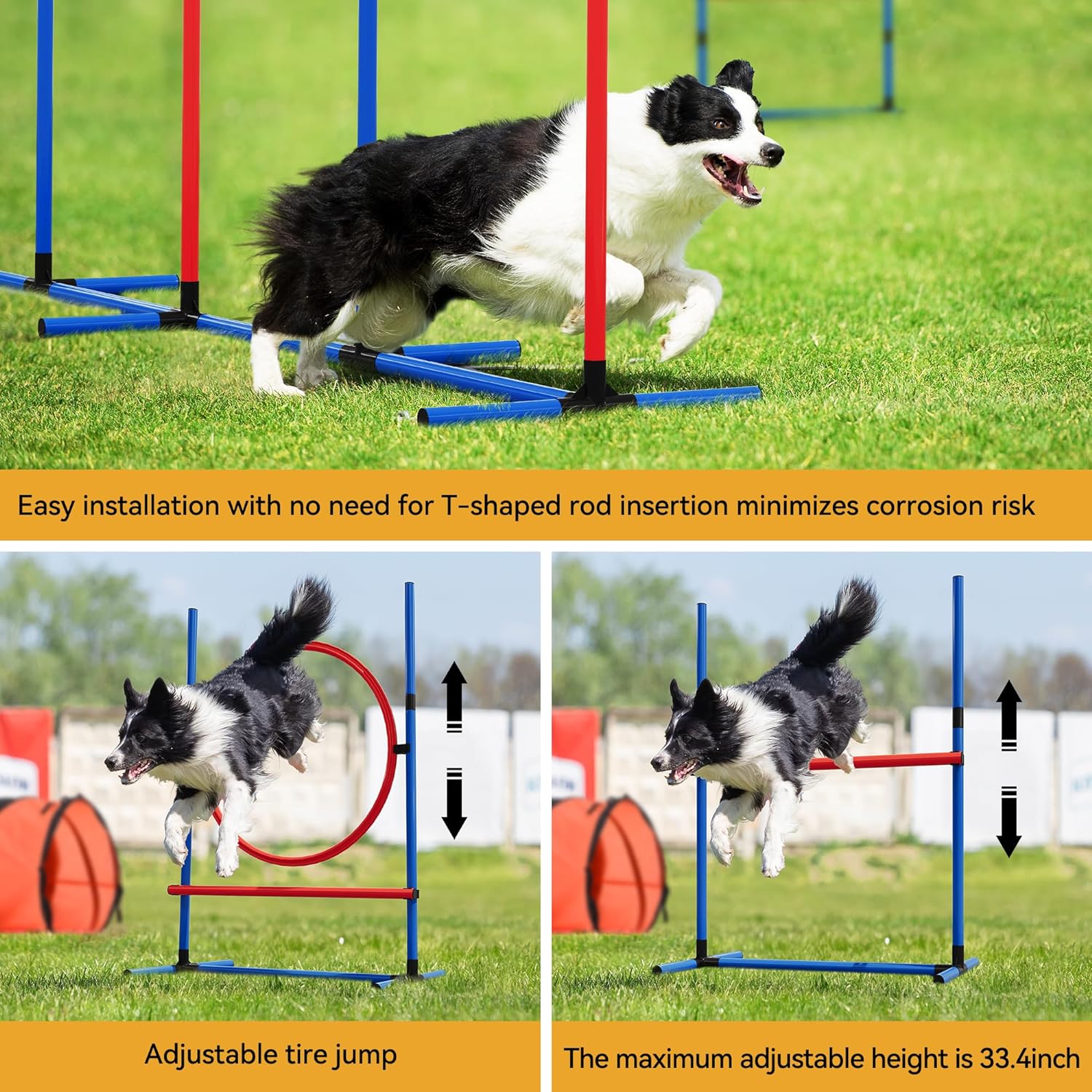 YITAHOME Dog Agility Equipments, Includes Flirt Pole Toy, 3 Flying Discs, 1 Agility Tunnel, 2 Jumps, 6 Weave Poles, Pause Box, Agility Course Set for Backyard, Indoor, Outdoor