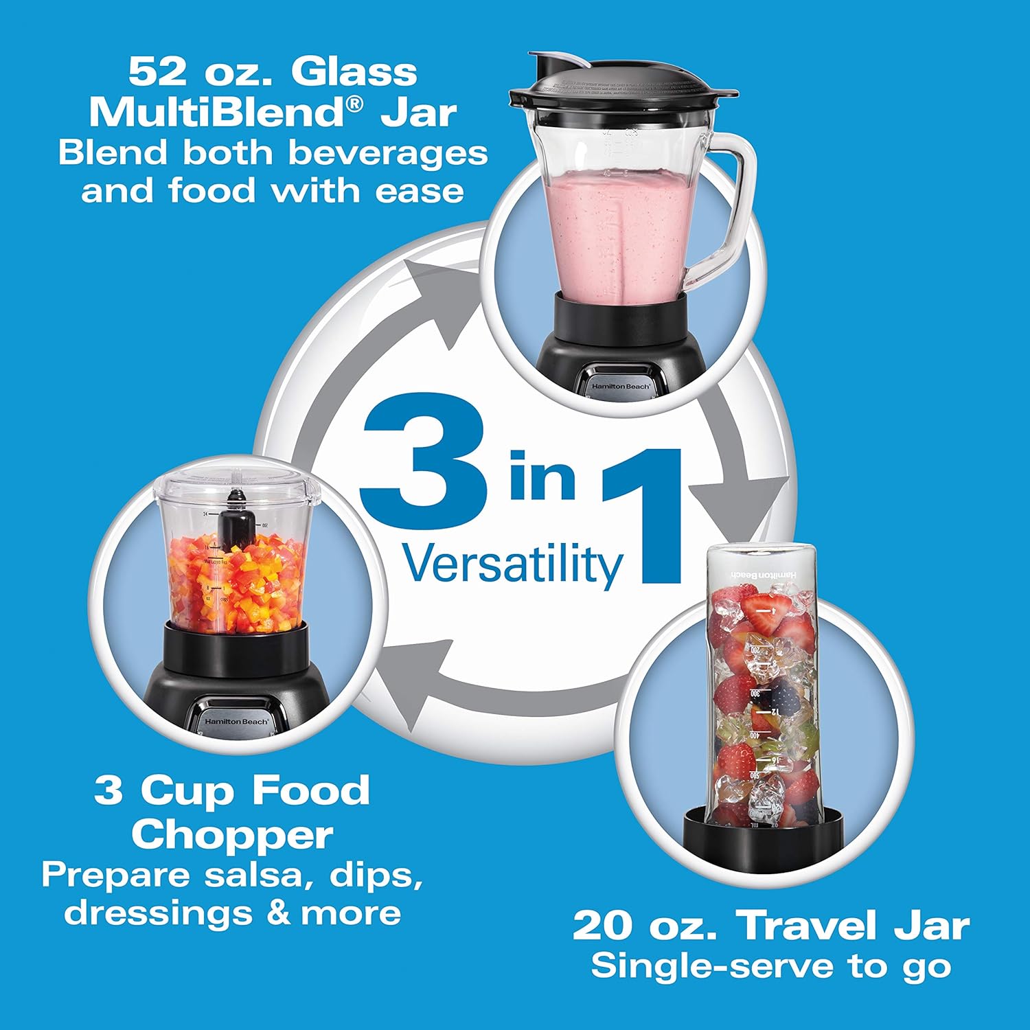 Hamilton Beach Blender and Food Processor Combo With Auto Programs For Smoothie and Ice Crush, Blend-In Portable Travel Cup, 52oz Glass Jar & 3 Cup Food Chopper, 950 Watts, Black (58242)