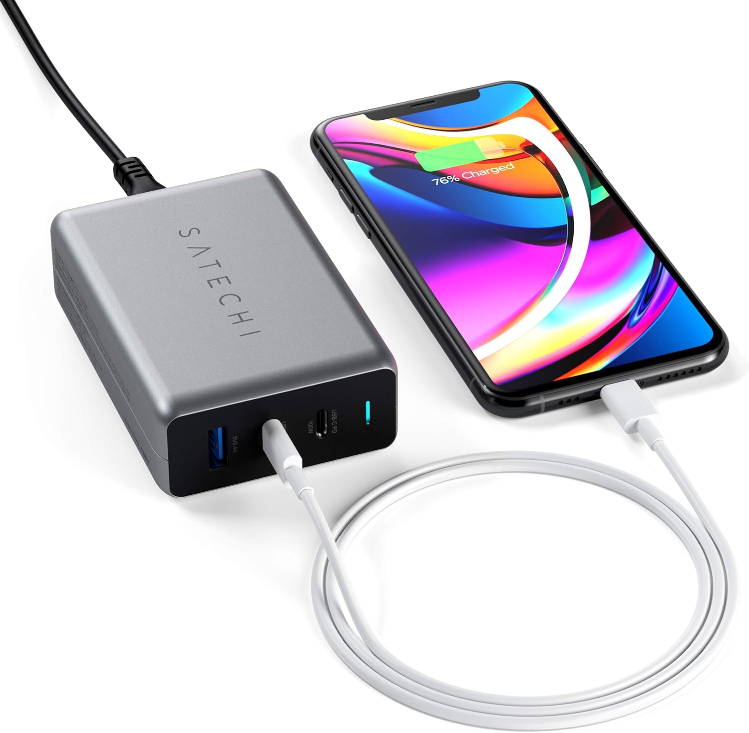 Satechi 100W USB C PD Compact GaN Charger – Powerful GaN Tech – Compatible with 2022 MacBook Pro/Air M2, 2021 MacBook Pro M1, 2022 iPad Air M1, 2021 iPad Pro M1, iPhone 15 Pro Max/15 Pro/15/15 Plus