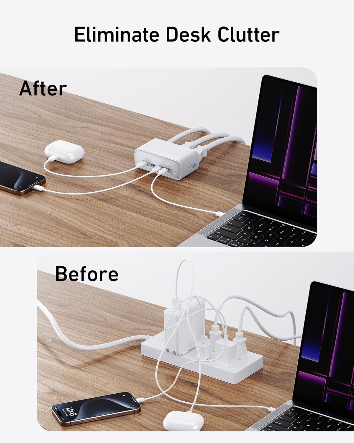 Anker Charging Station(100W Max), 7-in-1 USB C Power Strip for iPhone 15\/14 and Macbook Air\/Pro, 5ft Thin Cord,3 AC, 2 USB A,2 USB C,Power Delivery Desktop Accessory for MacBook Pro,Home&Office(White)