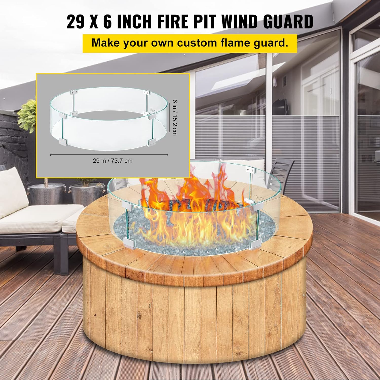 VEVOR Fire Pit Wind Guard, 29.1x29.1x6 inch Glass Flame Guard, Round Glass Shield, 1\/4-Inch Thick Fire Table, Clear Tempered Glass Flame Guard, Aluminum Alloy Feet for Propane, Gas, Outdoor