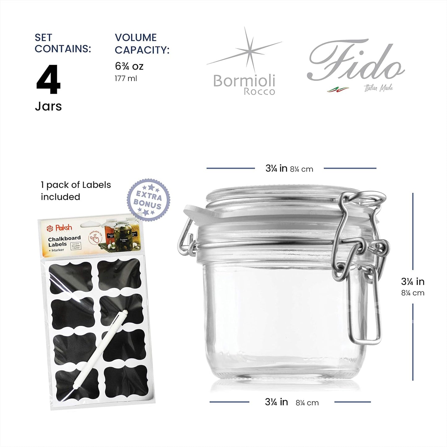 Bormioli Rocco - Food Storage Container - Glass Fido Jars - Hermetic Sealed Hinged Airtight Lid for Fermenting, With Paksh Chalkboard Labels 6 3\/4 Ounce (4 Pack)