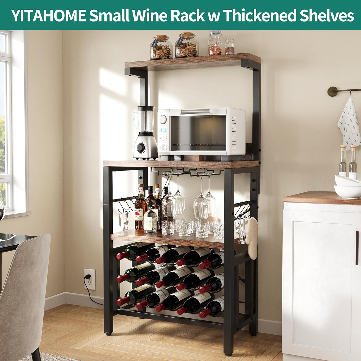 YITAHOME Small Kitchen Microwave Bakers Stand Wine Rack, Wine Rack Freestanding Floor, Coffee Bar Storage with Power Outlet for Liquor Thicken Shelf Farmhouse Dining Room, Rustic Brown