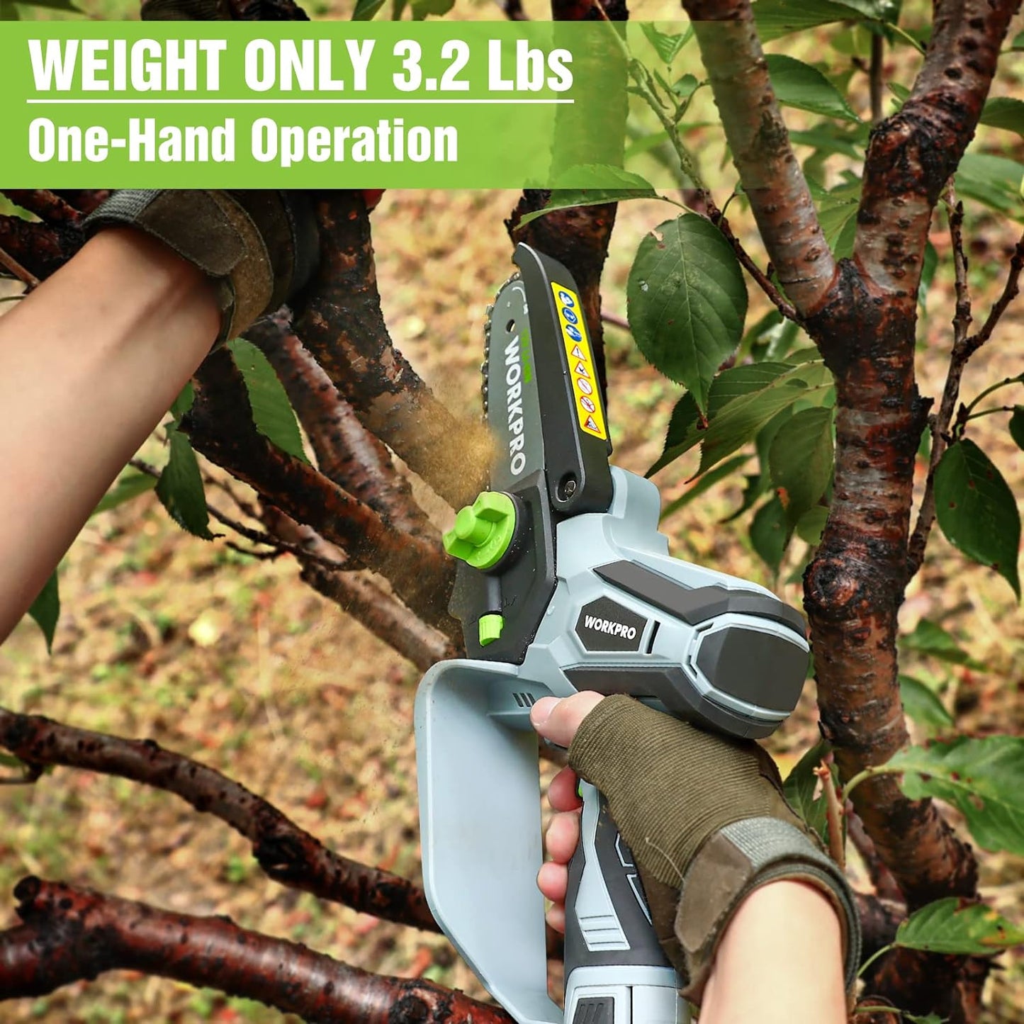 WORKPRO Mini Chainsaw, 6.3\u201C Cordless Electric Compact Chain Saw with 2 Batteries, One-Hand Operated Portable Wood Saw with Replacement Guide Bar and Chain for Garden Tree Branch Pruning, Wood Cutting