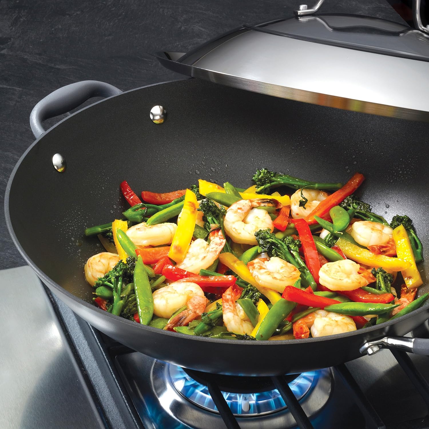 Anolon Advanced Hard Anodized Nonstick Stir Fry Wok Pan with Lid, 14 Inch, Gray