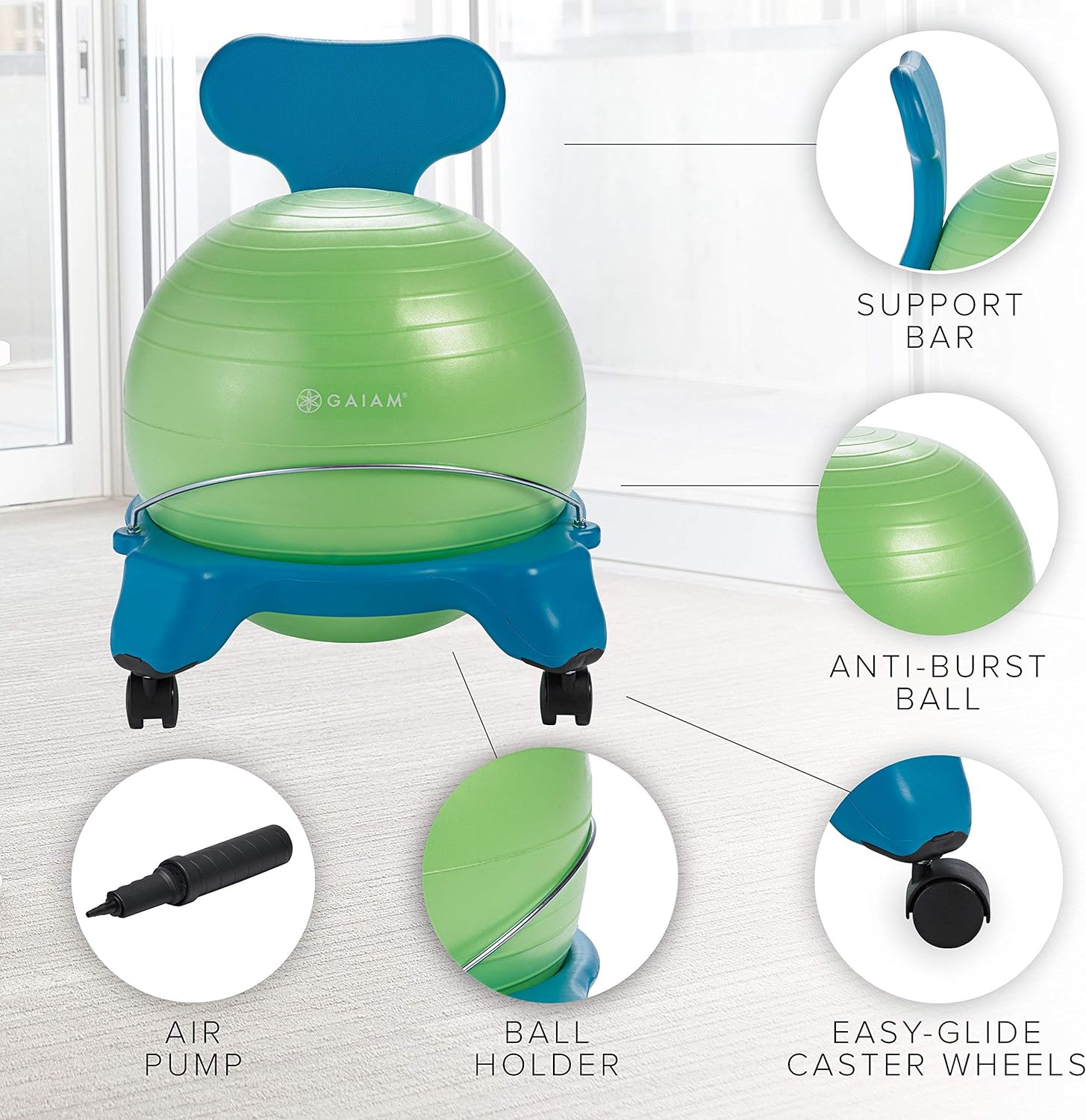 Gaiam Kids Balance Ball Chair - Classic Children's Stability Ball Chair, Alternative School Classroom Flexible Desk Seating for Active Students with Satisfaction Guarantee, Blue/Green