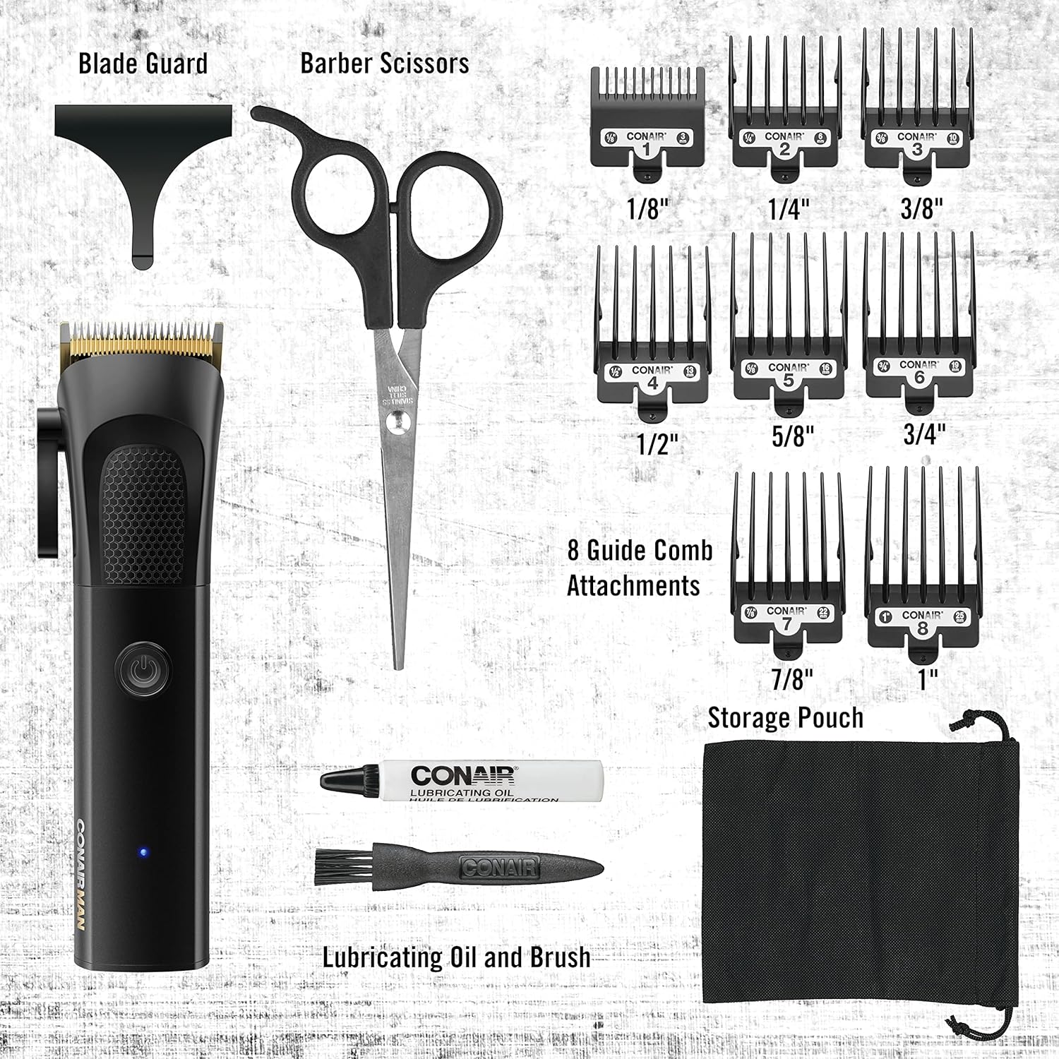 ConairMAN Hair Clippers for Men, 15-Piece Home Hair Cutting Kit with Cordless High Performance MetalCraft Clipper