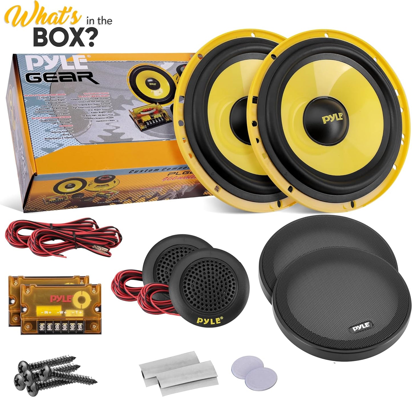 Pyle 2 Way Custom Component Speaker System - 6.5” 400 Watt, with Electroplated Plastic Basket, Butyl Rubber Surround & 40 Oz Magnet Structure - Wire Installation Hardware Set Included - PLG6C, Yellow