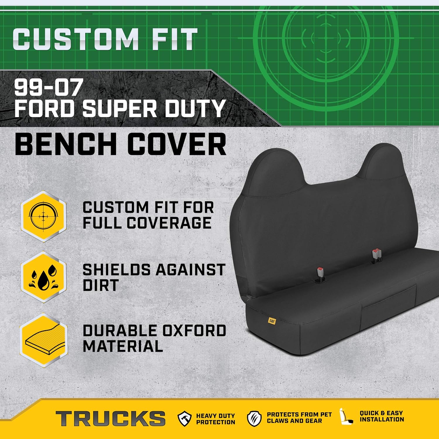 Caterpillar Custom Fit Front Bench Seat Cover with Utility Pockets for Ford F250 \/ F350 \/ F450 \/ F550 (1999-2007) - Durable Black Oxford Super Duty Interior Truck Seat Cover