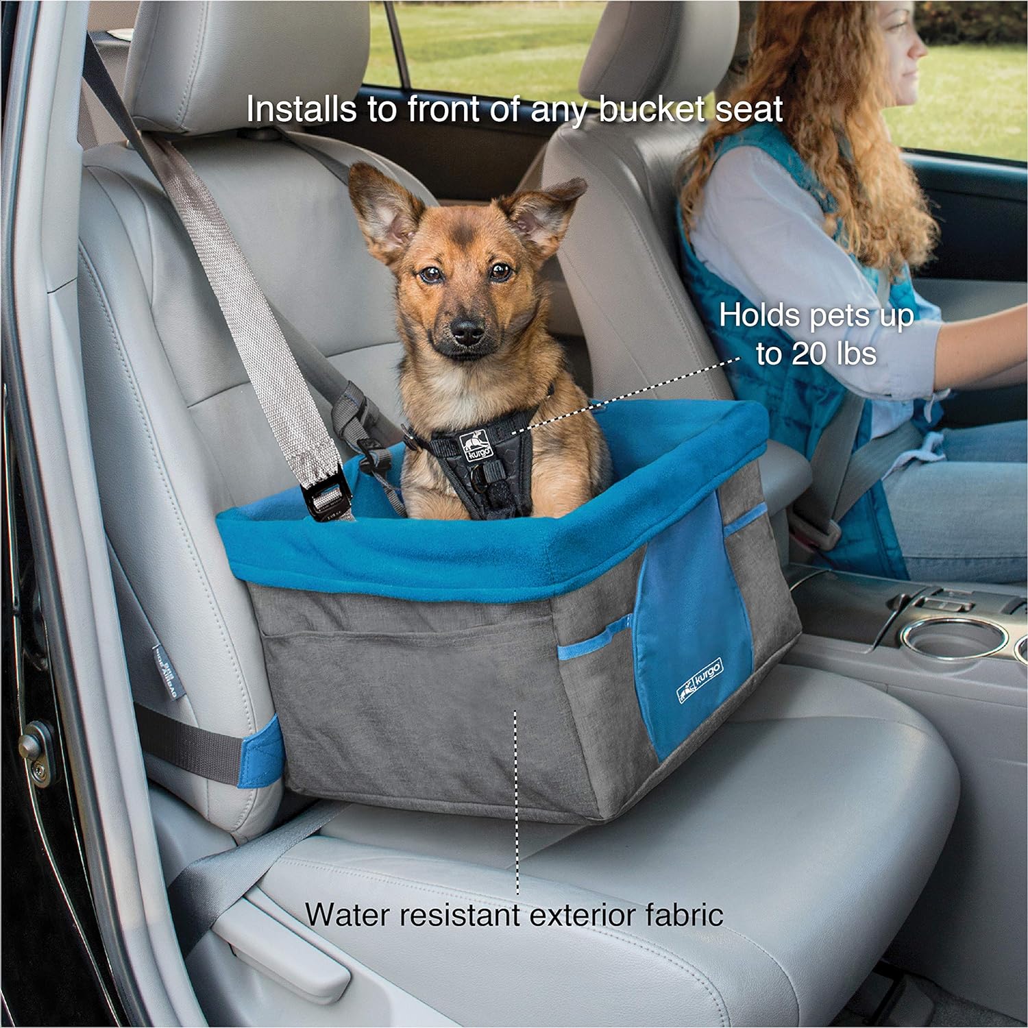 Kurgo Dog Booster Seats for Cars - Pet Car Seats for Small Dogs and Puppies Weighing Under 30 lbs - Headrest Mounted - Dog Car Seat Belt Tether Included - Heather Style, Charcoal/Blue