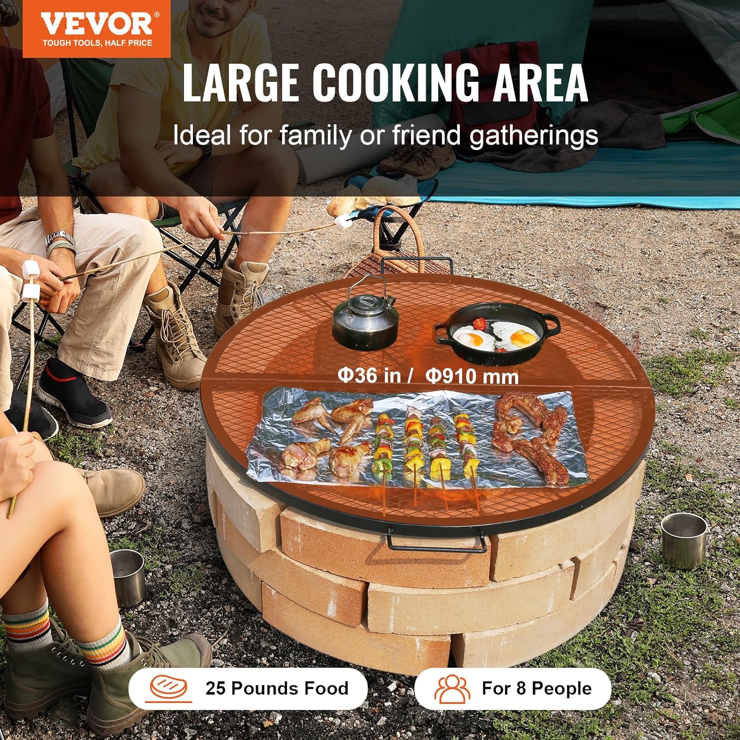 VEVOR Fire Pit Cooking Grill Grate 36 Inch, Foldable Round Cooking Rack, Heavy Duty X-Marks Campfire BBQ Grill with Portable Handle & Support Wire for Outdoor Picnic Party & Gathering, Black