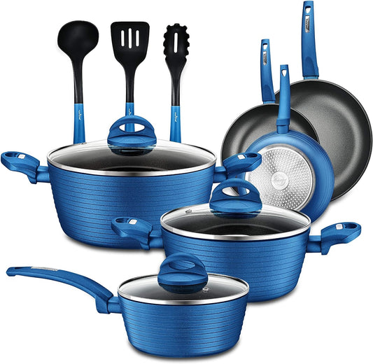 NutriChef - NCCW12BLU NutriChef Nonstick Kitchen Cookware Set - Professional Hard Anodized Home Kitchen Ware Pots and Pan Set, Blue