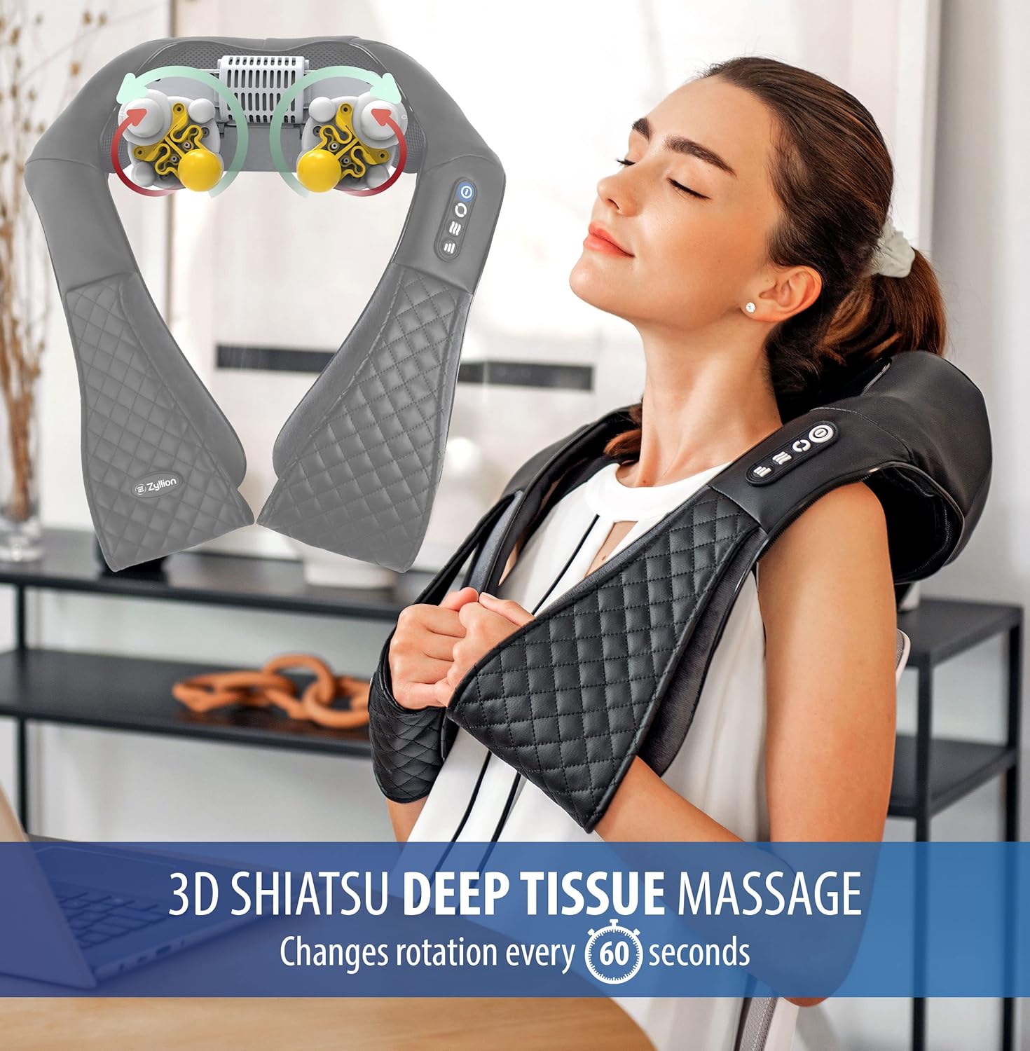 Zyllion Shiatsu Neck and Back Massager with Heat - Cordless Rechargeable 3D Kneading Deep Tissue Massage for Muscle Pain Relief on Shoulders, Legs, Foot - Black (ZMA-28RB)