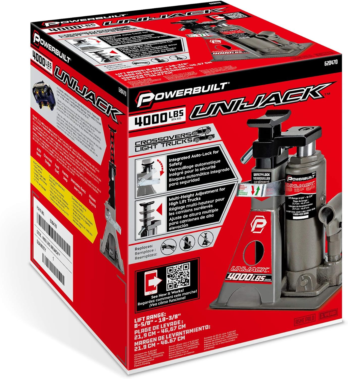 Powerbuilt 2 Ton UniJack Combination Hydraulic Bottle Jack \/ Jackstand in 1 Unit, Compact, Portable, Wide Base, for Unibody Sedans, CUVs, SUVs, Cars, - 620470