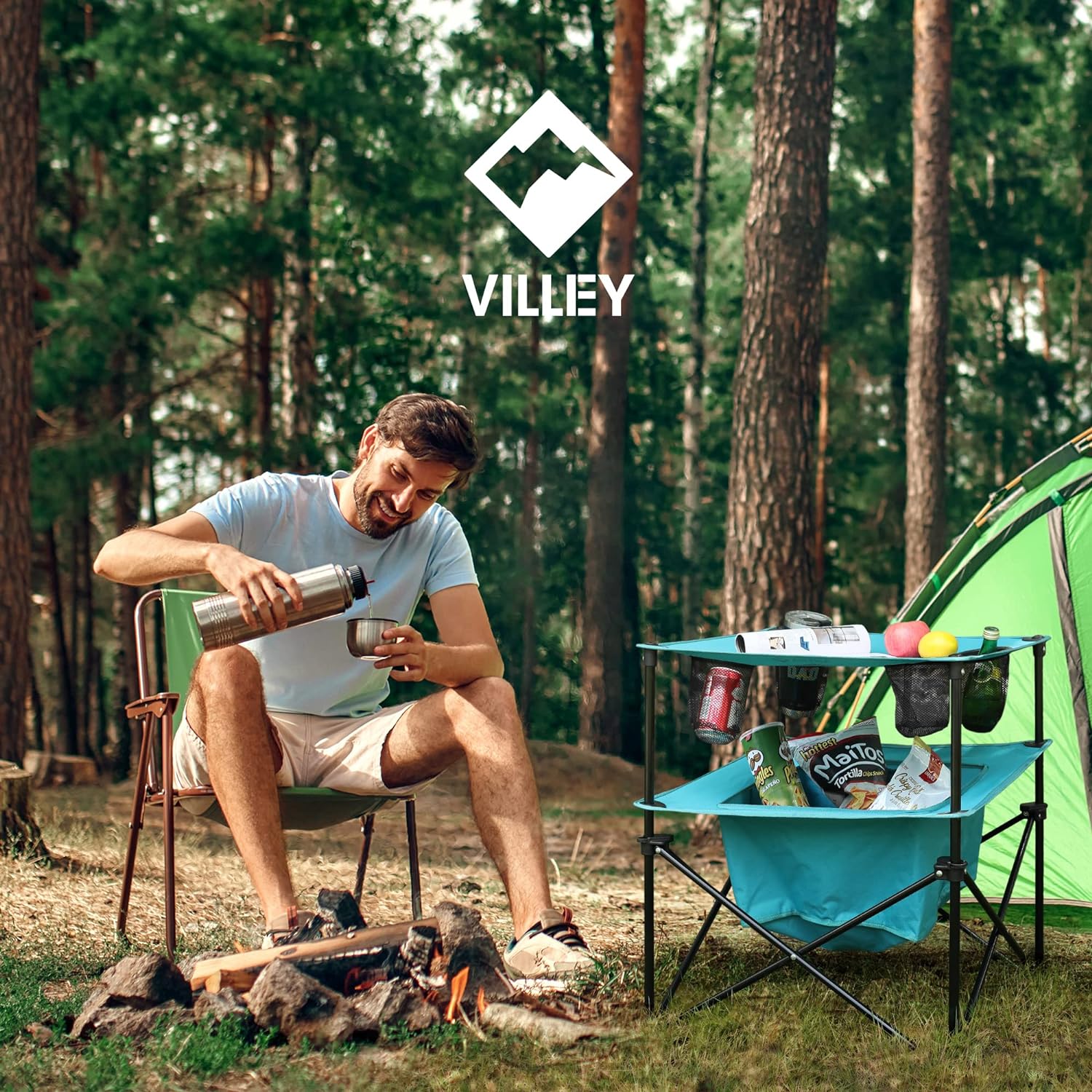 VILLEY Portable Camping Picnic Table, Lightweight Folding Beach Table with 4 Cup Holders and Carry Bag for Camp, Travel, Fishing, and Outdoor Activities