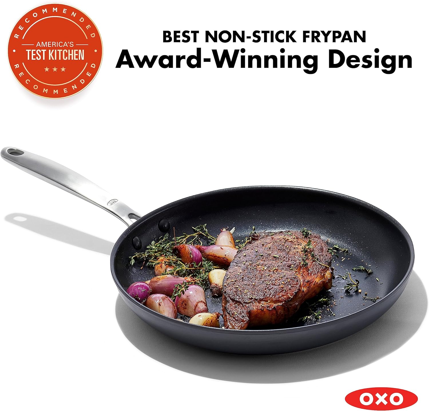 OXO Good Grips Pro 12" Frying Pan Skillet, 3-Layered German Engineered Nonstick Coating, Dishwasher Safe, Oven Safe, Stainless Steel Handle, Black