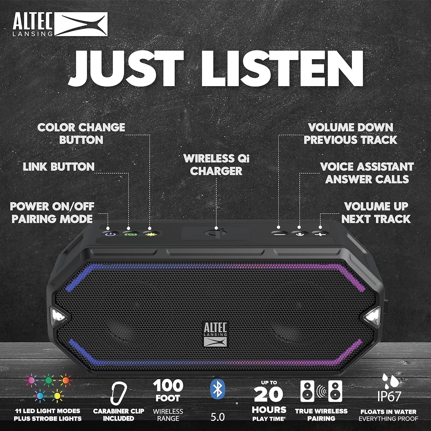Altec Lansing HydraBlast Wireless Portable Bluetooth Speaker, IP67 Waterproof for Parties, USB C Rechargeable Outdoor Speakers with Built in Phone Charger and LED Lights, 20 Hour Playtime