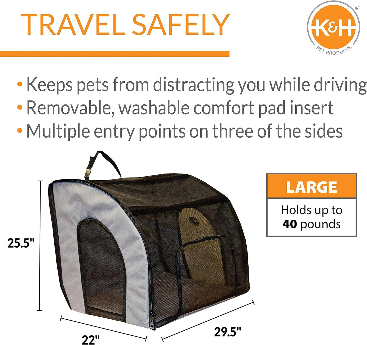 K&H Pet Products Travel Safety Carrier for Pets, Dog Crate for Car Travel, Dog Soft-Sided Carrier for Large Dogs, Portable Car Seat Kennel, Gray\/Black Large 29.5 X 22 X 25.5 Inches