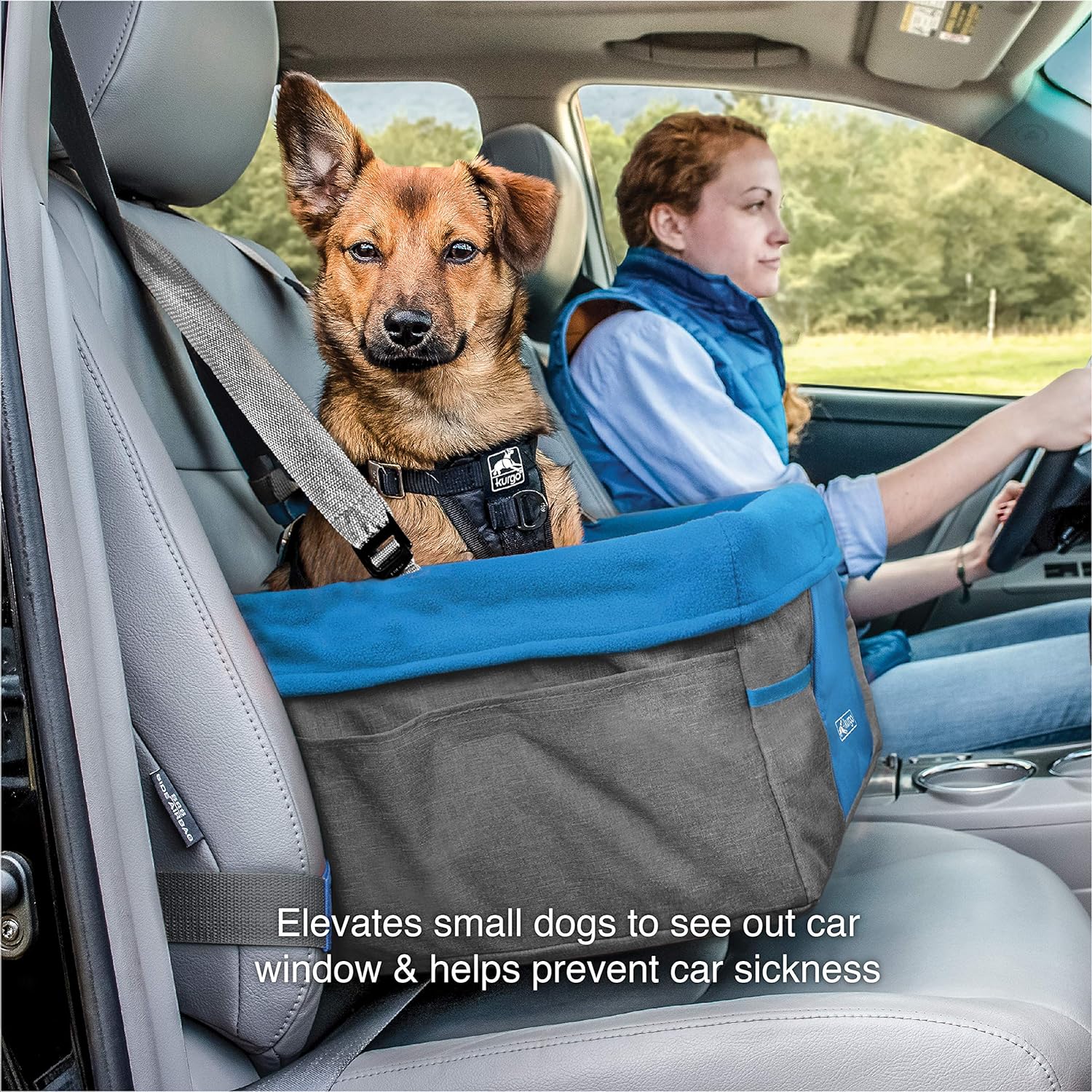 Kurgo Dog Booster Seats for Cars - Pet Car Seats for Small Dogs and Puppies Weighing Under 30 lbs - Headrest Mounted - Dog Car Seat Belt Tether Included - Heather Style, Charcoal/Blue