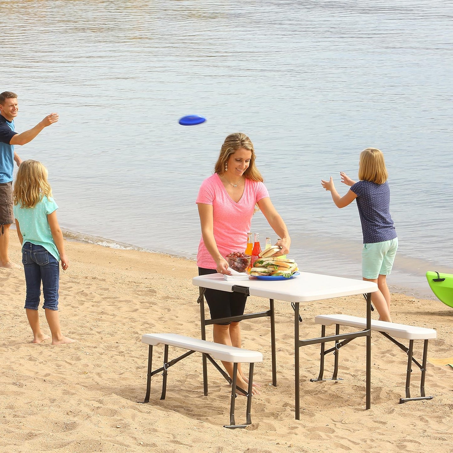 LIFETIME 80373 Portable Folding Camping RV Picnic Table and Bench Set, Almond