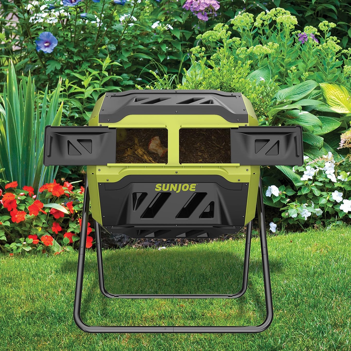 Sun Joe SJ-CMPS1 All-Season Outdoor Tumbling Composter, Dual Sliding Chamber, 42-Gallon, 2-10 Weeks, BPA-Free Material